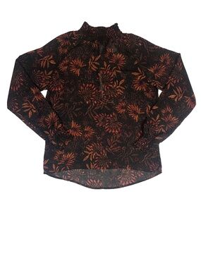 H&M Conscious Black Botanical Floral Blouse | Smocked Ruffle Neck | Long Sleeve